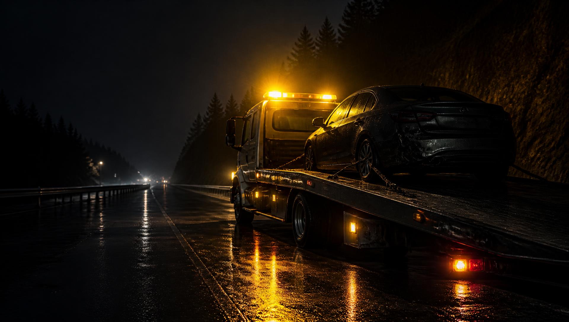 Flatbed tow truck with amber warning lights loading a car on a wet highway at night